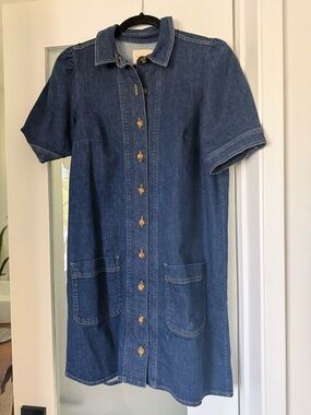 Sezane Short-Sleeve Denim Mini Dress in Dark Blue